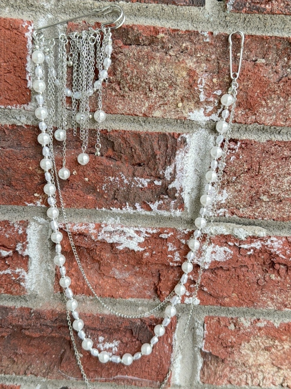 Silver Faux Pearl Multi-Chain Brooch - Picture 7 of 7